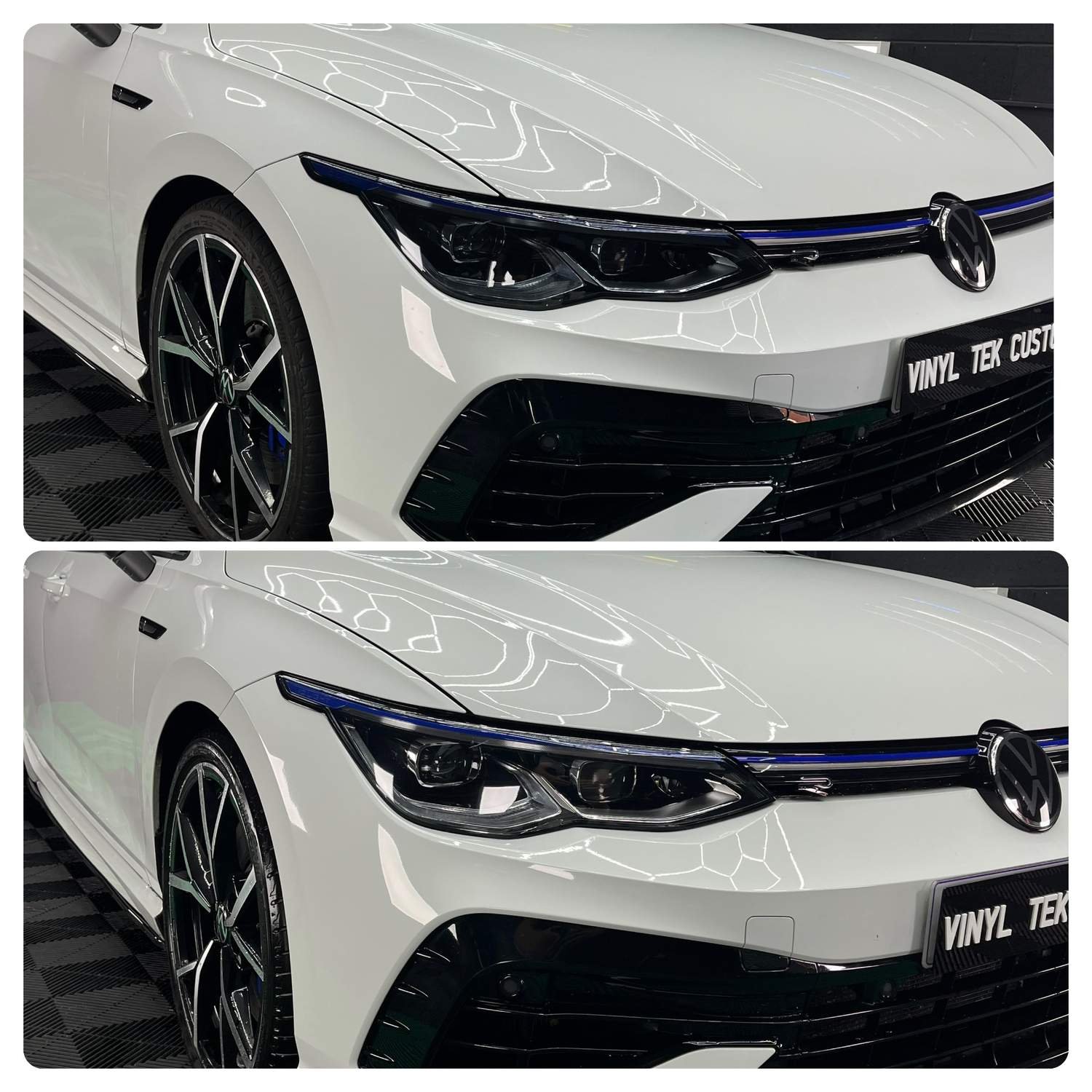 white Volkswagen Golf with tinted headlights in Leeds