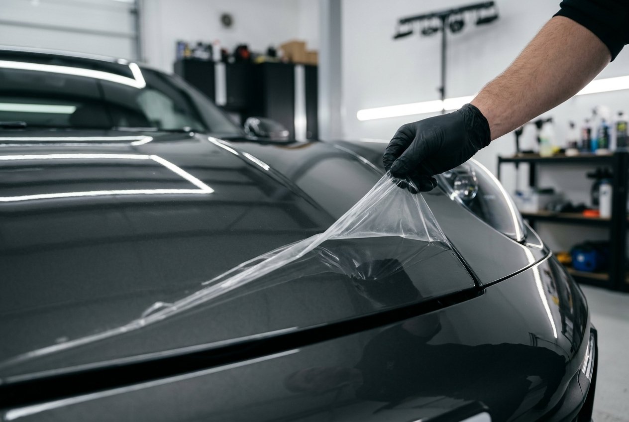 Paint protection film peeled back on a car bonnet, revealing clean factory paint