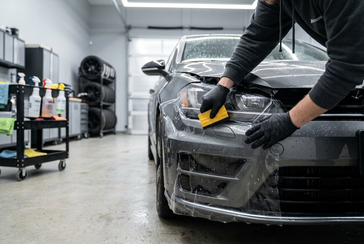 PPF installation Leeds workshop fitting film to car bumper